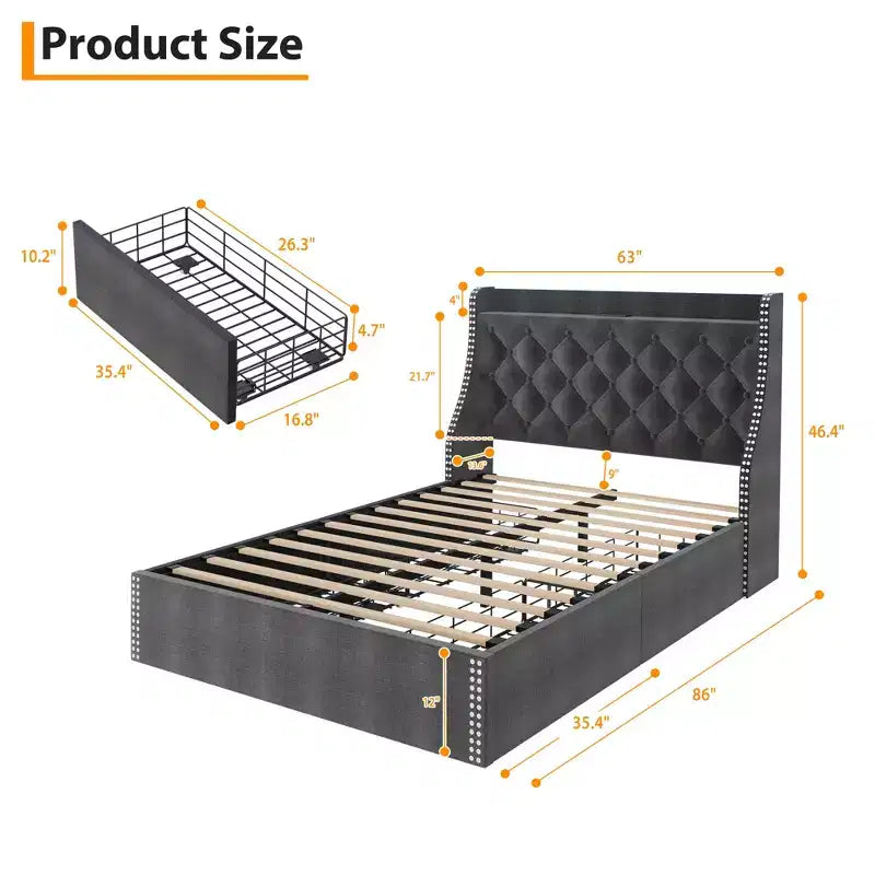 Full/Queen Size Bed Frame,Upholstered Platform Bed with Wingback Storage Headboard,Wooden Slats Support, No Box Spring Needed, Easy Assembly