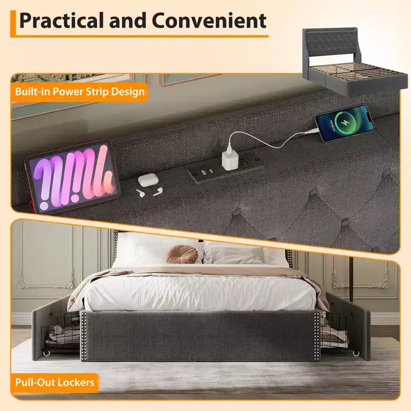 Full/Queen Size Bed Frame,Upholstered Platform Bed with Wingback Storage Headboard,Wooden Slats Support, No Box Spring Needed, Easy Assembly