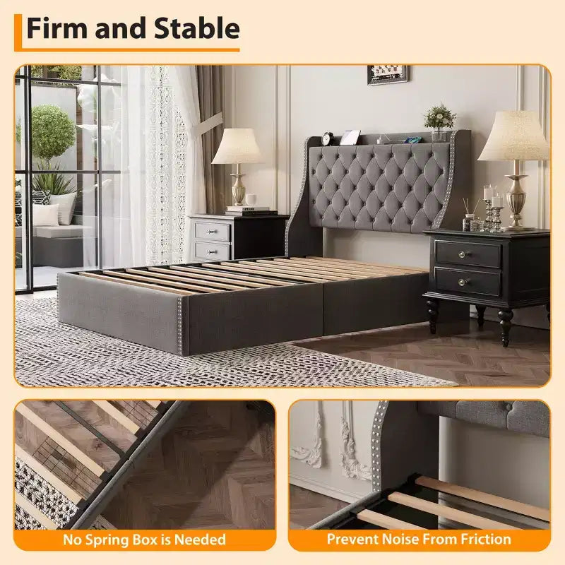 Full/Queen Size Bed Frame,Upholstered Platform Bed with Wingback Storage Headboard,Wooden Slats Support, No Box Spring Needed, Easy Assembly
