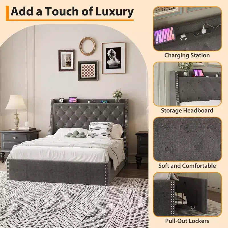Full/Queen Size Bed Frame,Upholstered Platform Bed with Wingback Storage Headboard,Wooden Slats Support, No Box Spring Needed, Easy Assembly