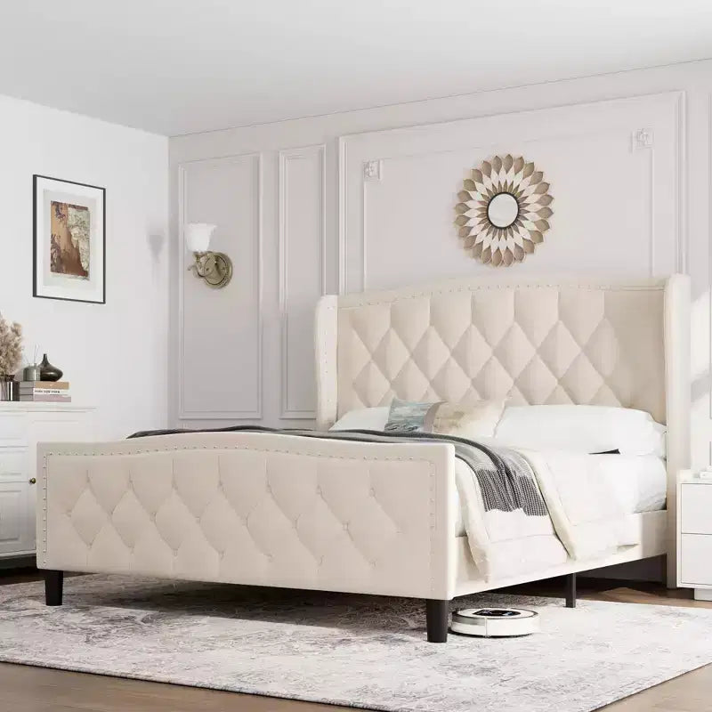 Full/Queen Size Bed Frame,Upholstered Platform Bed with Wingback Storage Headboard,Wooden Slats Support, No Box Spring Needed, Easy Assembly