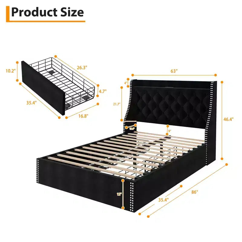 Full/Queen Size Bed Frame,Upholstered Platform Bed with Wingback Storage Headboard,Wooden Slats Support, No Box Spring Needed, Easy Assembly