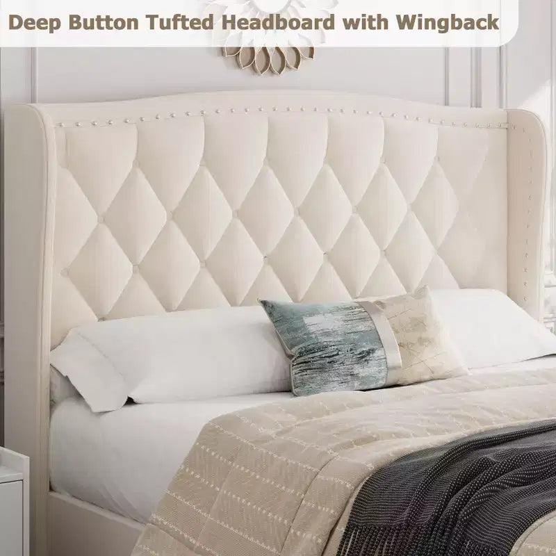 Full/Queen Size Bed Frame,Upholstered Platform Bed with Wingback Storage Headboard,Wooden Slats Support, No Box Spring Needed, Easy Assembly