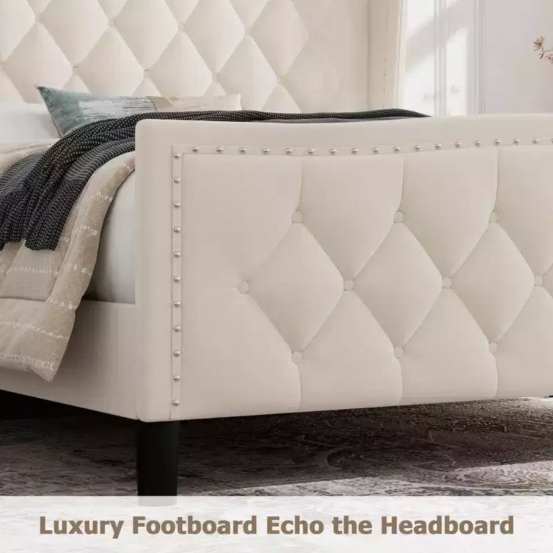 Full/Queen Size Bed Frame,Upholstered Platform Bed with Wingback Storage Headboard,Wooden Slats Support, No Box Spring Needed, Easy Assembly