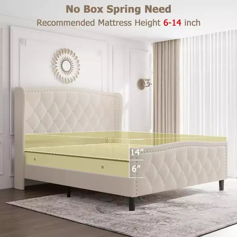 Full/Queen Size Bed Frame,Upholstered Platform Bed with Wingback Storage Headboard,Wooden Slats Support, No Box Spring Needed, Easy Assembly