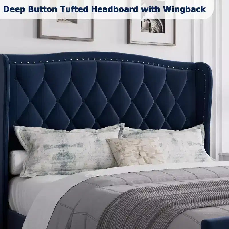 Full/Queen Size Bed Frame,Upholstered Platform Bed with Wingback Storage Headboard,Wooden Slats Support, No Box Spring Needed, Easy Assembly