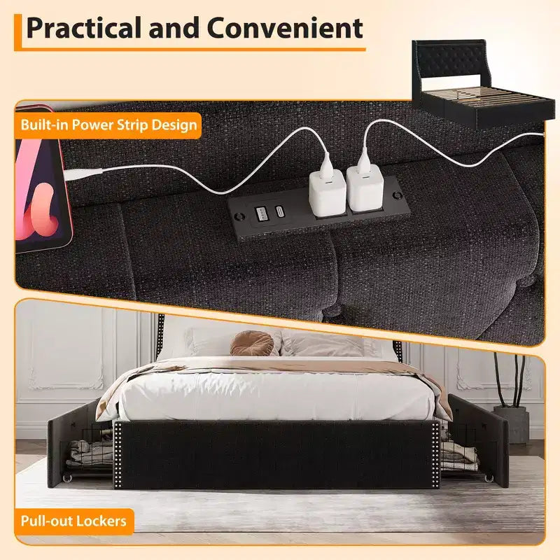 Full/Queen Size Bed Frame,Upholstered Platform Bed with Wingback Storage Headboard,Wooden Slats Support, No Box Spring Needed, Easy Assembly