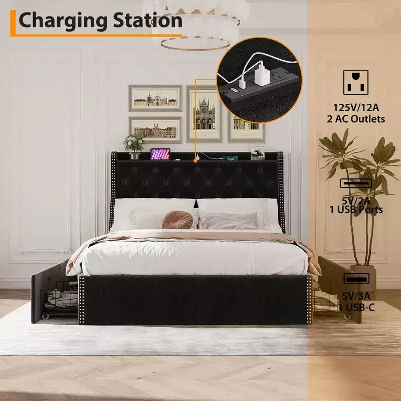Full/Queen Size Bed Frame,Upholstered Platform Bed with Wingback Storage Headboard,Wooden Slats Support, No Box Spring Needed, Easy Assembly