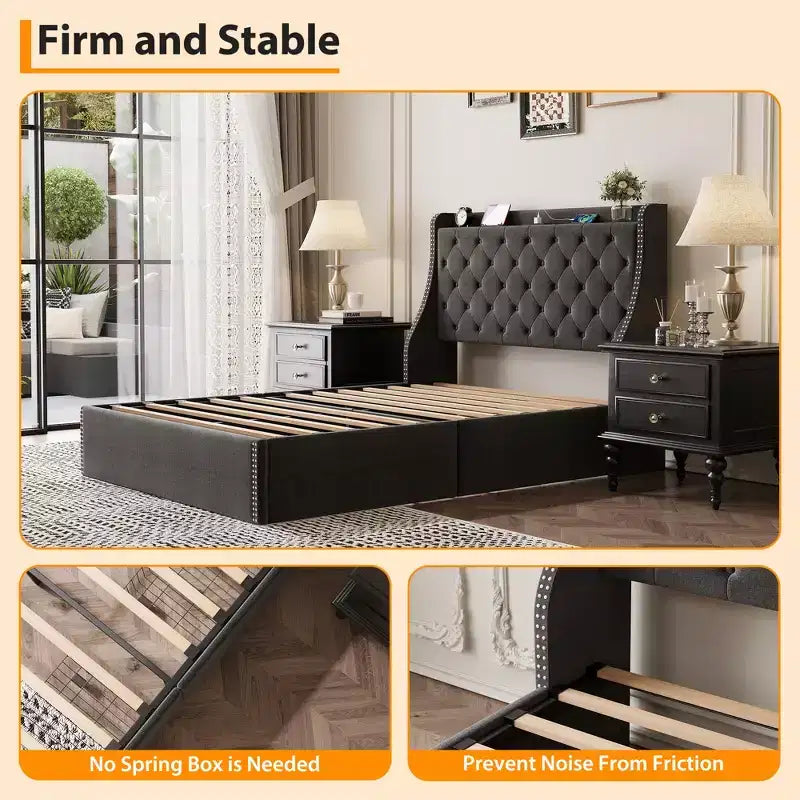 Full/Queen Size Bed Frame,Upholstered Platform Bed with Wingback Storage Headboard,Wooden Slats Support, No Box Spring Needed, Easy Assembly