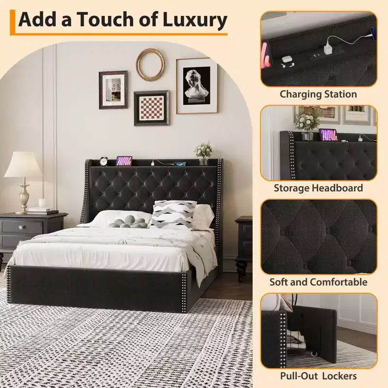Full/Queen Size Bed Frame,Upholstered Platform Bed with Wingback Storage Headboard,Wooden Slats Support, No Box Spring Needed, Easy Assembly