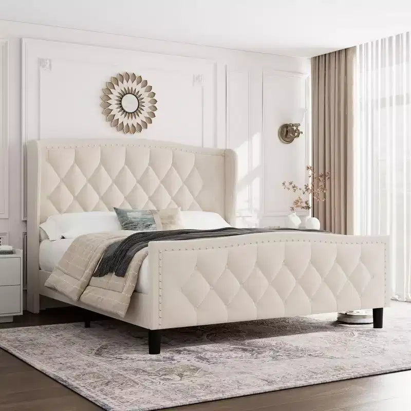 Full/Queen Size Bed Frame,Upholstered Platform Bed with Wingback Storage Headboard,Wooden Slats Support, No Box Spring Needed, Easy Assembly