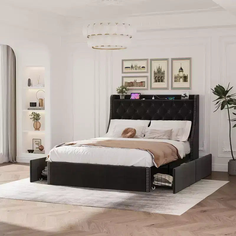 Full/Queen Size Bed Frame,Upholstered Platform Bed with Wingback Storage Headboard,Wooden Slats Support, No Box Spring Needed, Easy Assembly