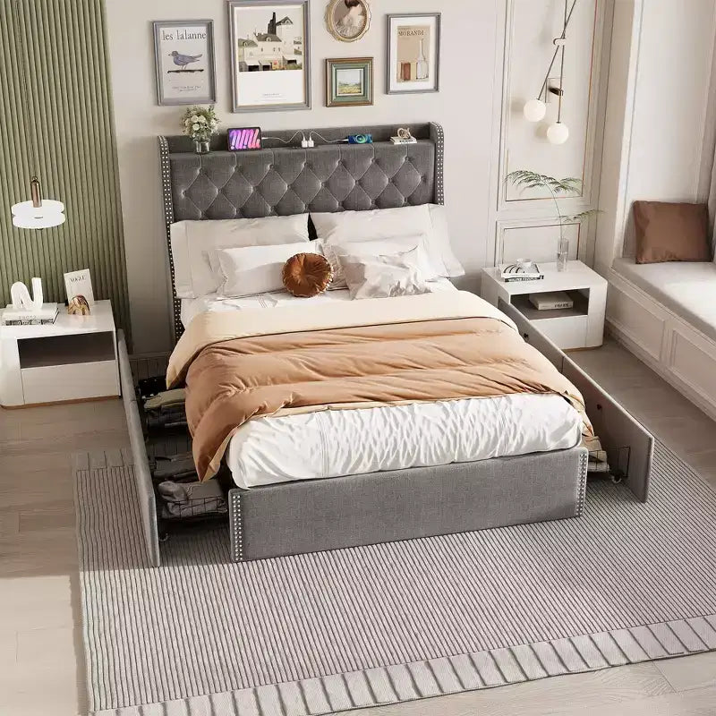 Full/Queen Size Bed Frame,Upholstered Platform Bed with Wingback Storage Headboard,Wooden Slats Support, No Box Spring Needed, Easy Assembly