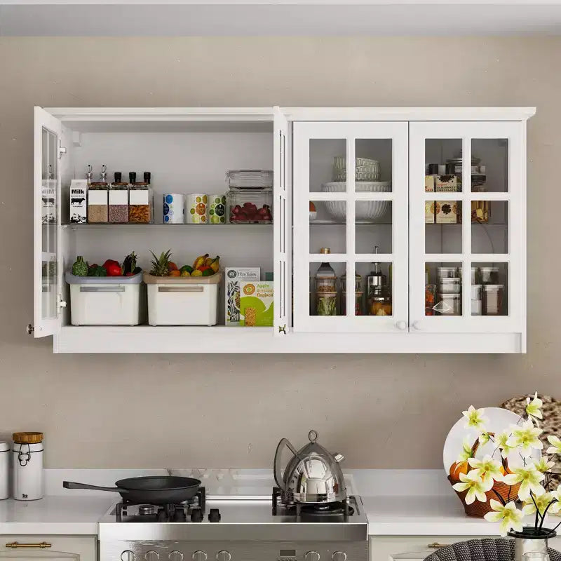 Hitow Kitchen Wall Cabinet with Grid-Pattern Glass Front Sturdy Wall-Mounted Kitchen Storage Pantry Cabinet with Glass Shelf Safety Reinforced White
