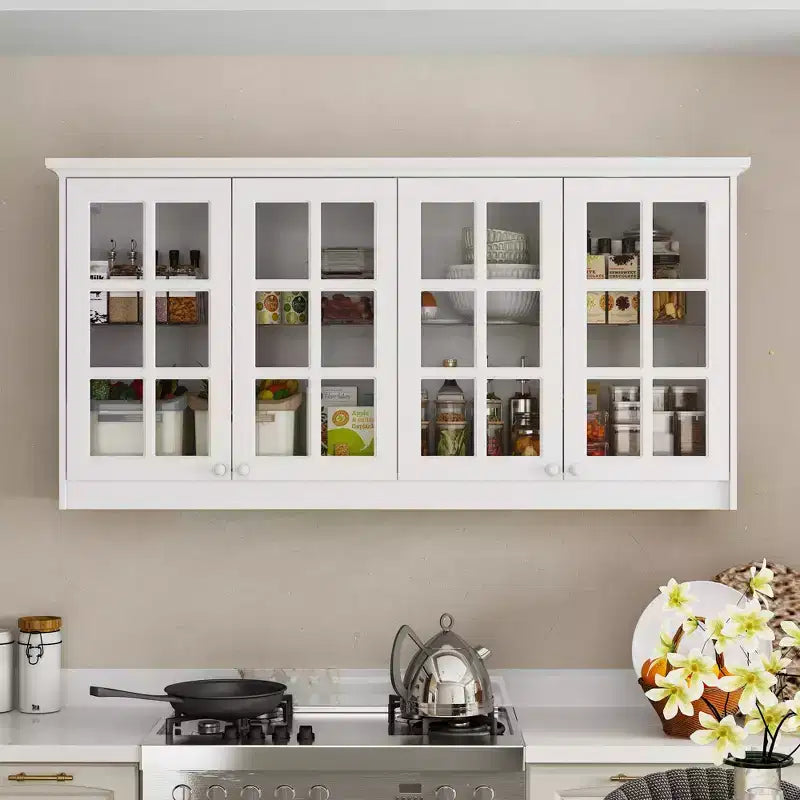 Hitow Kitchen Wall Cabinet with Grid-Pattern Glass Front Sturdy Wall-Mounted Kitchen Storage Pantry Cabinet with Glass Shelf Safety Reinforced White