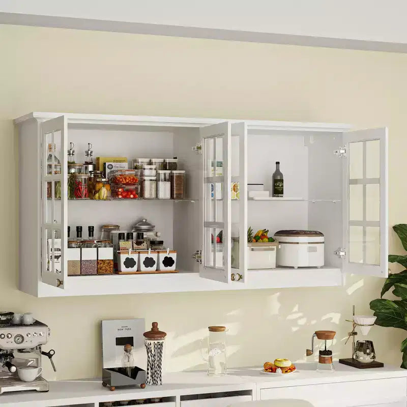 Hitow Kitchen Wall Cabinet with Grid-Pattern Glass Front Sturdy Wall-Mounted Kitchen Storage Pantry Cabinet with Glass Shelf Safety Reinforced White
