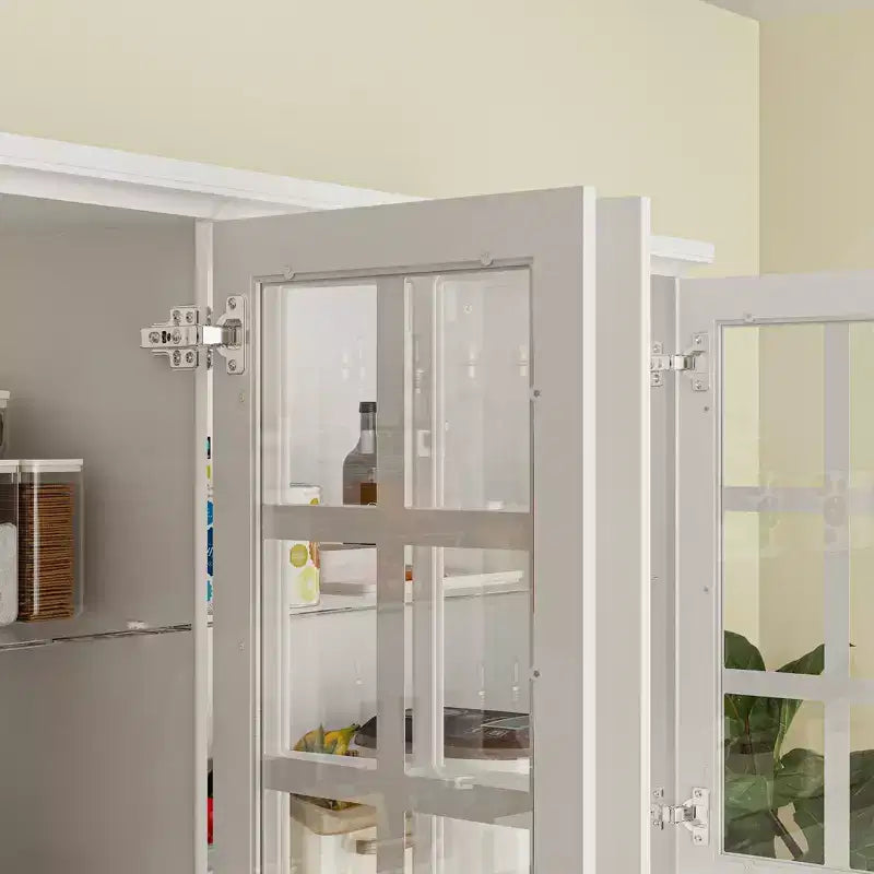 Hitow Kitchen Wall Cabinet with Grid-Pattern Glass Front Sturdy Wall-Mounted Kitchen Storage Pantry Cabinet with Glass Shelf Safety Reinforced White