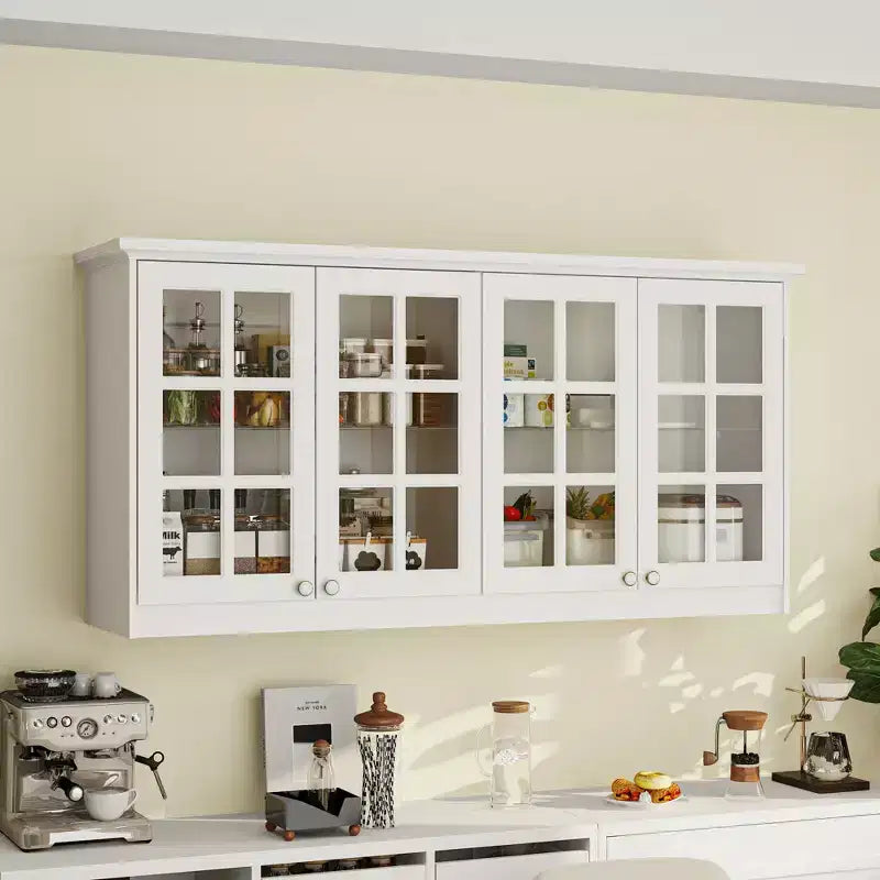 Hitow Kitchen Wall Cabinet with Grid-Pattern Glass Front Sturdy Wall-Mounted Kitchen Storage Pantry Cabinet with Glass Shelf Safety Reinforced White