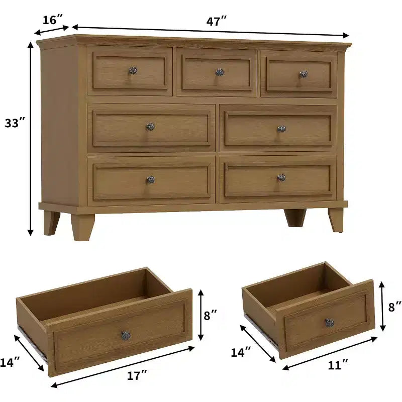 7 Drawer Dresser, Large Wooden Storage Chest of Drawers, 47 Wide Dresser TV Stand, Drawer Organizer for Bedroom, Living Room, Hallway, Entryway