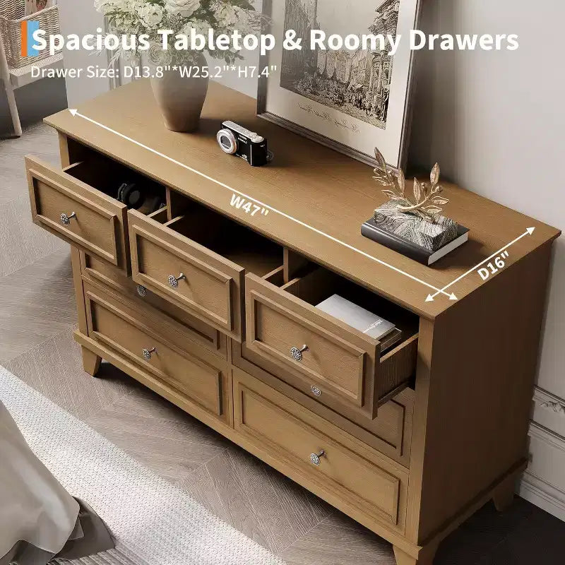 7 Drawer Dresser, Large Wooden Storage Chest of Drawers, 47 Wide Dresser TV Stand, Drawer Organizer for Bedroom, Living Room, Hallway, Entryway