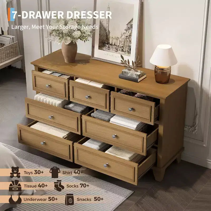 7 Drawer Dresser, Large Wooden Storage Chest of Drawers, 47 Wide Dresser TV Stand, Drawer Organizer for Bedroom, Living Room, Hallway, Entryway