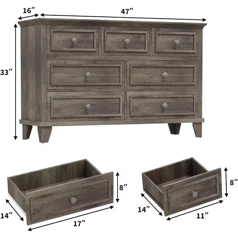 7 Drawer Dresser, Large Wooden Storage Chest of Drawers, 47 Wide Dresser TV Stand, Drawer Organizer for Bedroom, Living Room, Hallway, Entryway