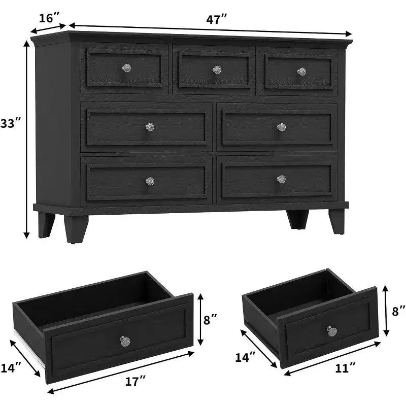 7 Drawer Dresser, Large Wooden Storage Chest of Drawers, 47 Wide Dresser TV Stand, Drawer Organizer for Bedroom, Living Room, Hallway, Entryway