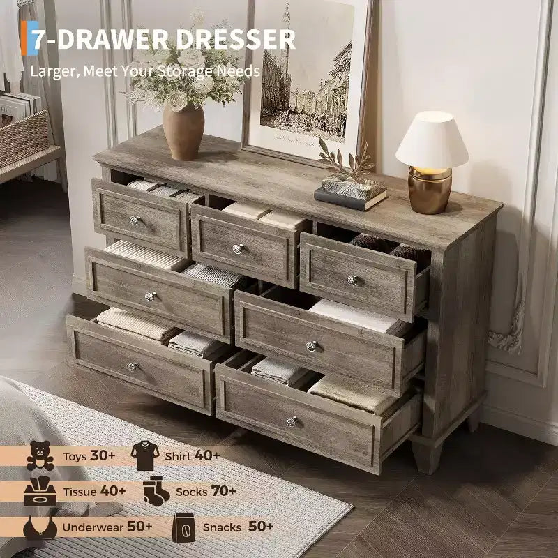 7 Drawer Dresser, Large Wooden Storage Chest of Drawers, 47 Wide Dresser TV Stand, Drawer Organizer for Bedroom, Living Room, Hallway, Entryway