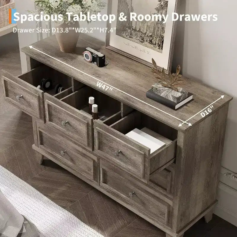 7 Drawer Dresser, Large Wooden Storage Chest of Drawers, 47 Wide Dresser TV Stand, Drawer Organizer for Bedroom, Living Room, Hallway, Entryway