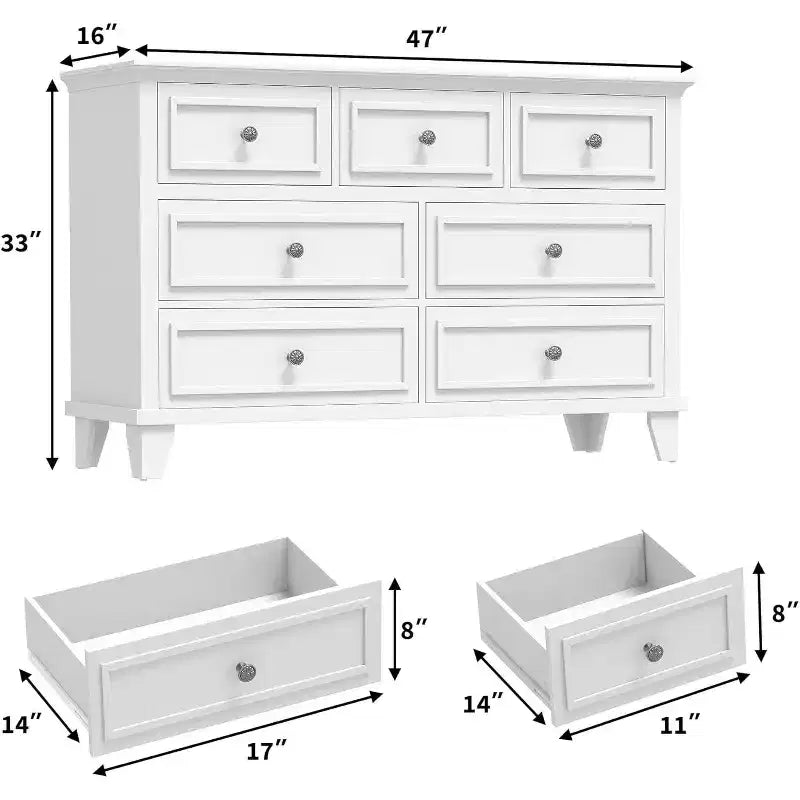 7 Drawer Dresser, Large Wooden Storage Chest of Drawers, 47 Wide Dresser TV Stand, Drawer Organizer for Bedroom, Living Room, Hallway, Entryway