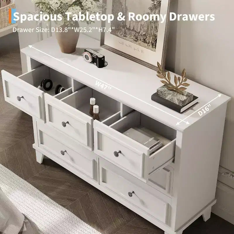 7 Drawer Dresser, Large Wooden Storage Chest of Drawers, 47 Wide Dresser TV Stand, Drawer Organizer for Bedroom, Living Room, Hallway, Entryway