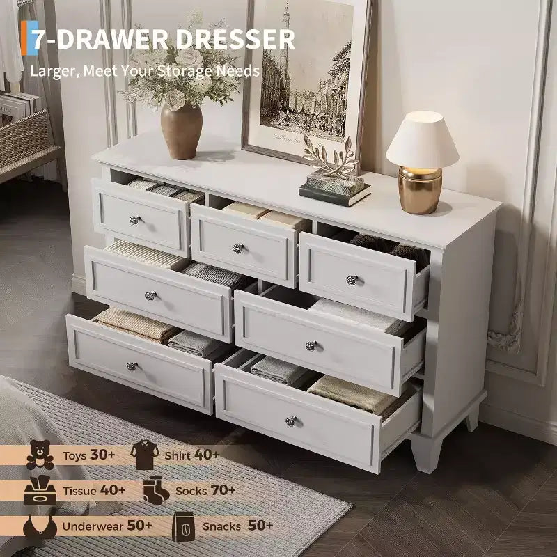 7 Drawer Dresser, Large Wooden Storage Chest of Drawers, 47 Wide Dresser TV Stand, Drawer Organizer for Bedroom, Living Room, Hallway, Entryway