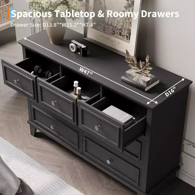 7 Drawer Dresser, Large Wooden Storage Chest of Drawers, 47 Wide Dresser TV Stand, Drawer Organizer for Bedroom, Living Room, Hallway, Entryway