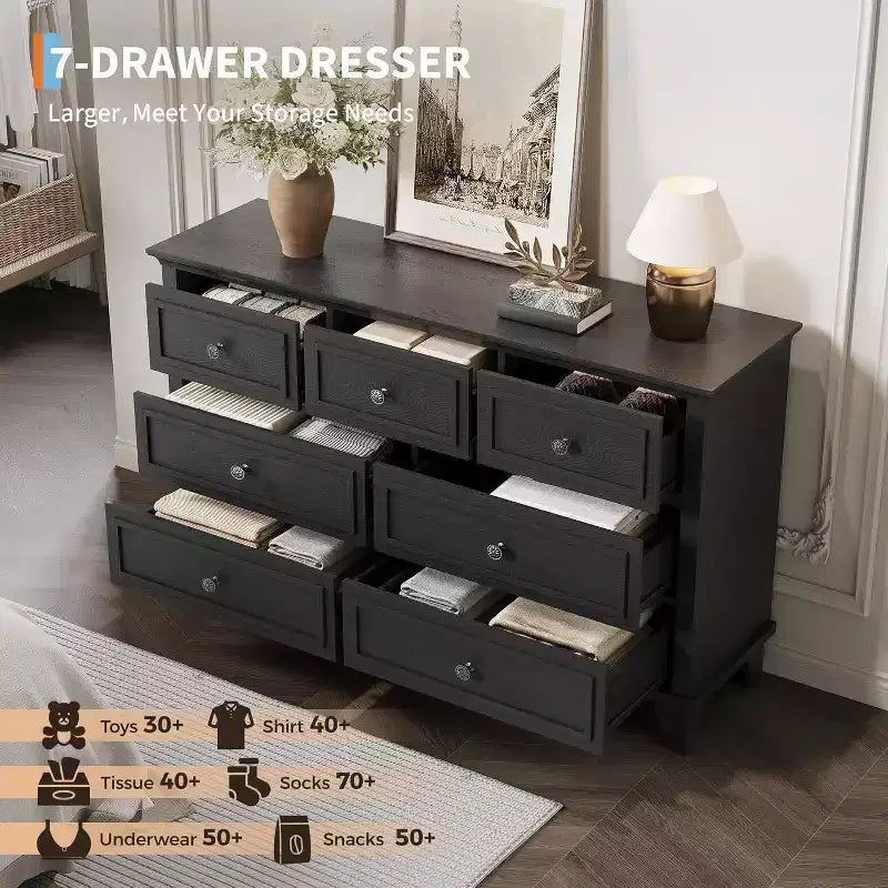 7 Drawer Dresser, Large Wooden Storage Chest of Drawers, 47 Wide Dresser TV Stand, Drawer Organizer for Bedroom, Living Room, Hallway, Entryway