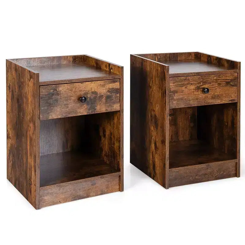Costway Set of 2 Nightstand with Drawer Cabinet End Side Table Raised Top