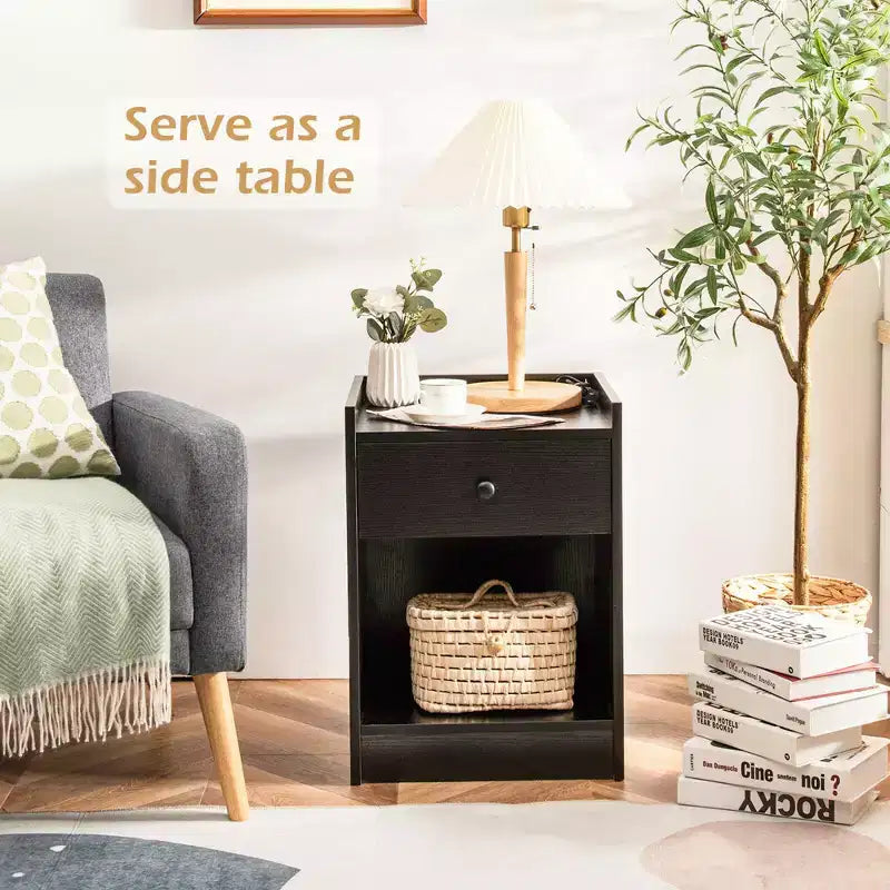 Costway Set of 2 Nightstand with Drawer Cabinet End Side Table Raised Top