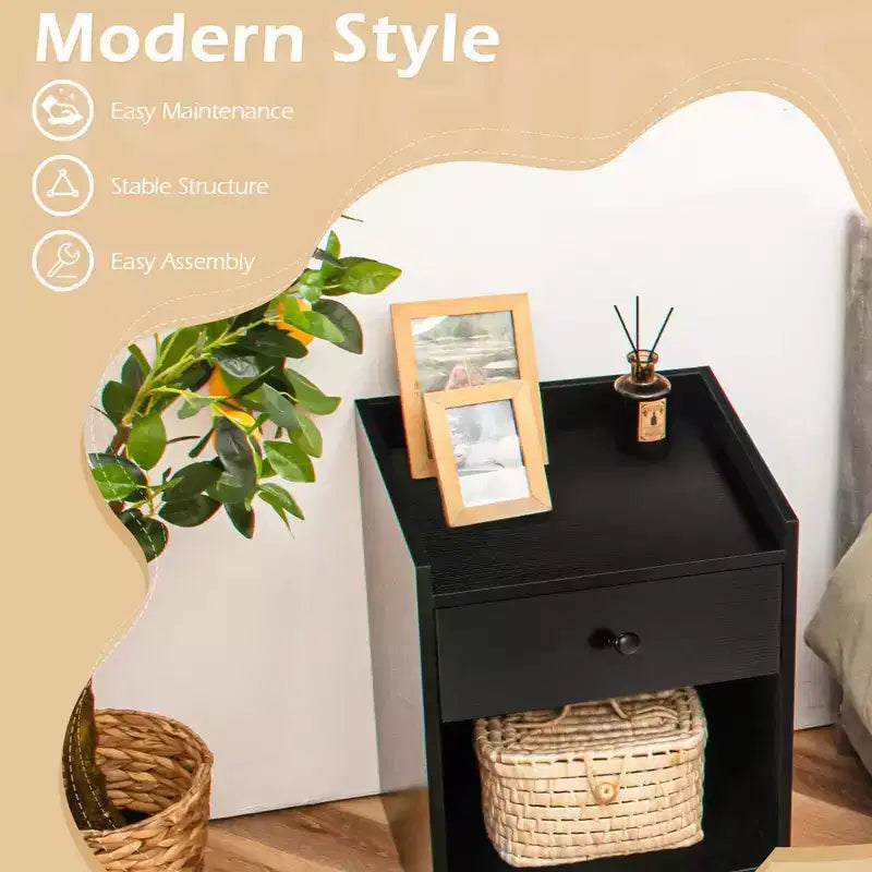 Costway Set of 2 Nightstand with Drawer Cabinet End Side Table Raised Top