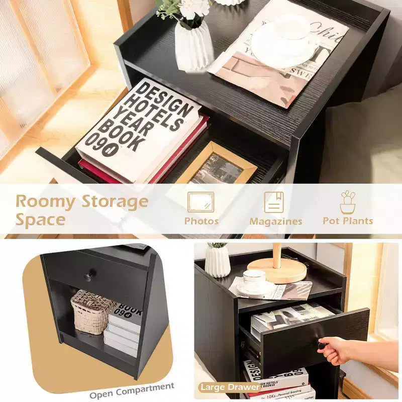 Costway Set of 2 Nightstand with Drawer Cabinet End Side Table Raised Top