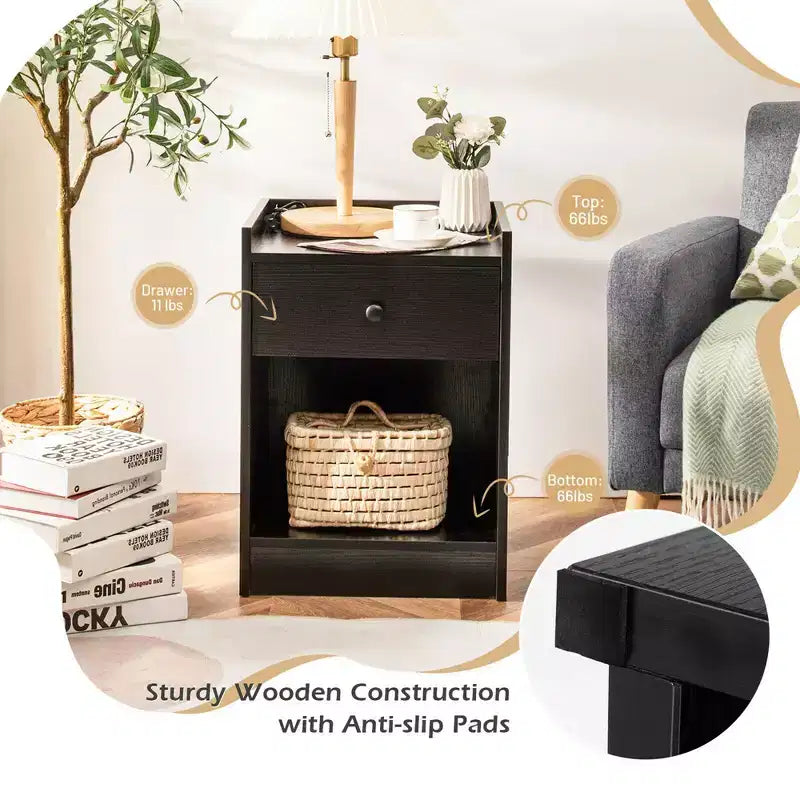 Costway Set of 2 Nightstand with Drawer Cabinet End Side Table Raised Top