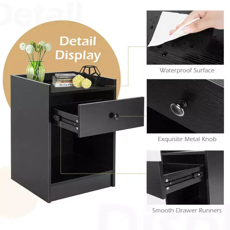 Costway Set of 2 Nightstand with Drawer Cabinet End Side Table Raised Top