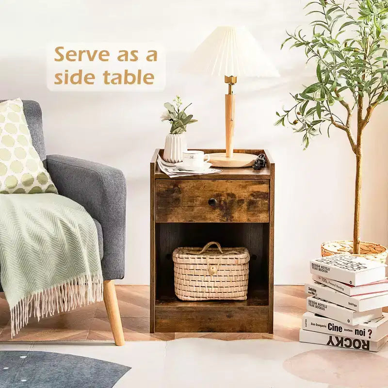 Costway Set of 2 Nightstand with Drawer Cabinet End Side Table Raised Top