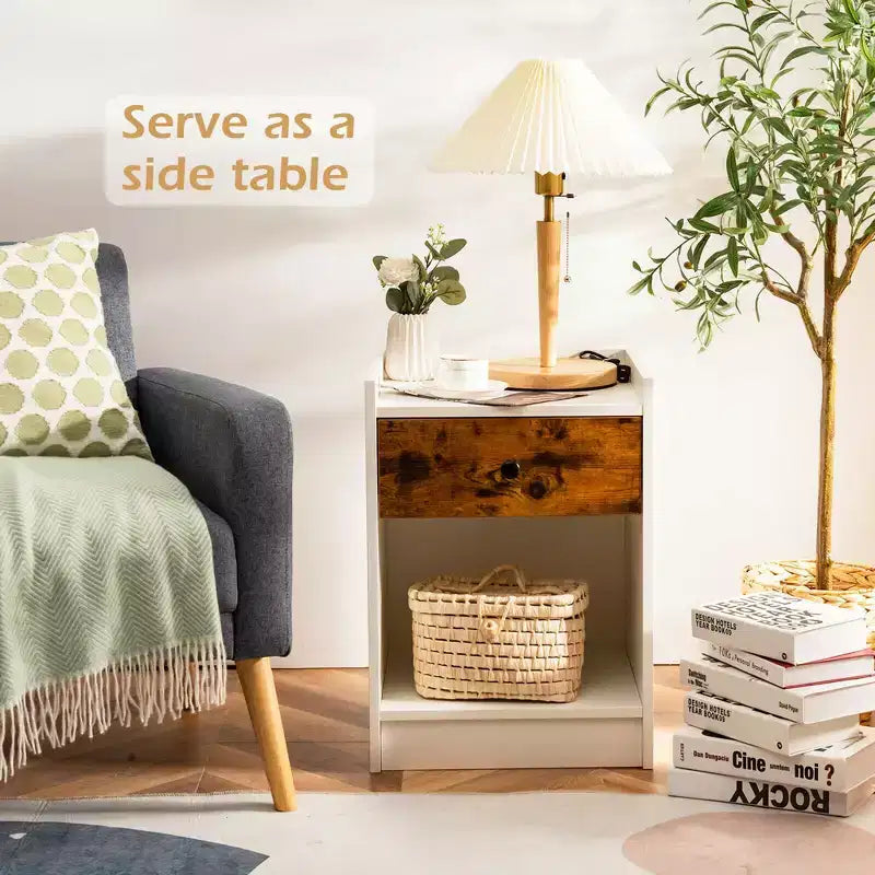 Costway Set of 2 Nightstand with Drawer Cabinet End Side Table Raised Top