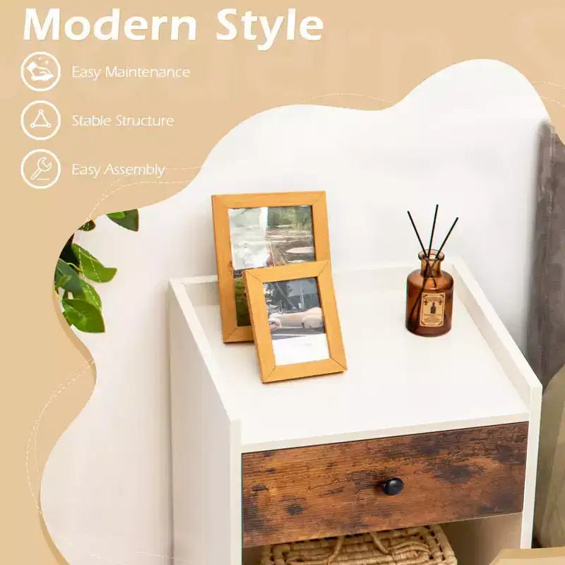 Costway Set of 2 Nightstand with Drawer Cabinet End Side Table Raised Top