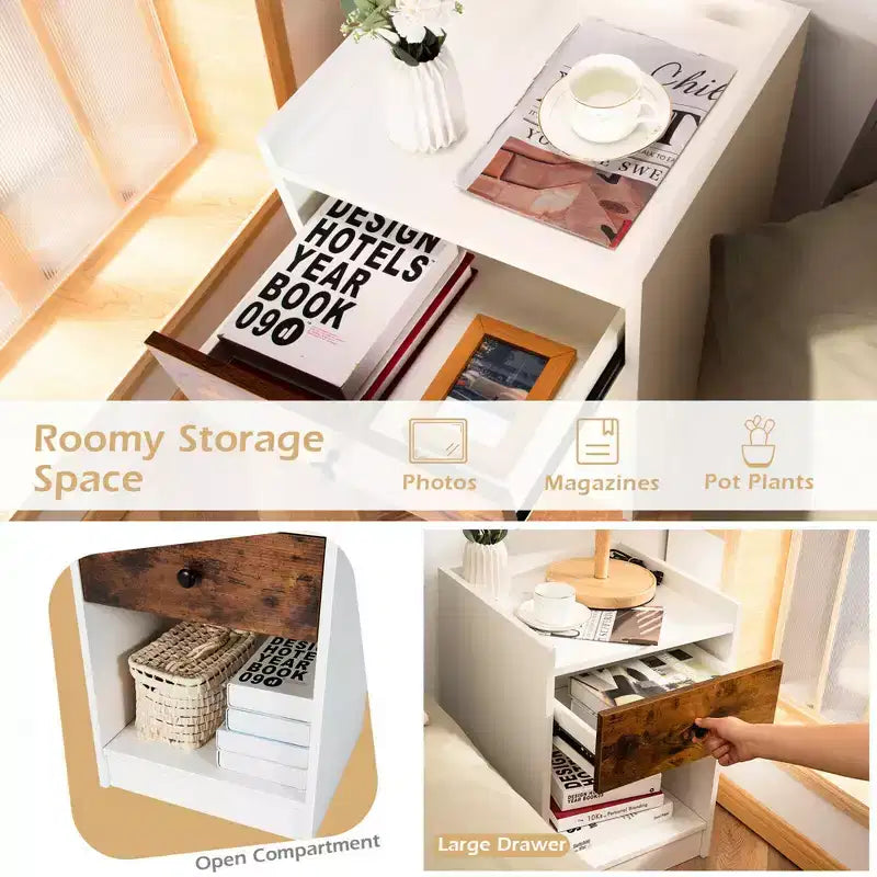 Costway Set of 2 Nightstand with Drawer Cabinet End Side Table Raised Top