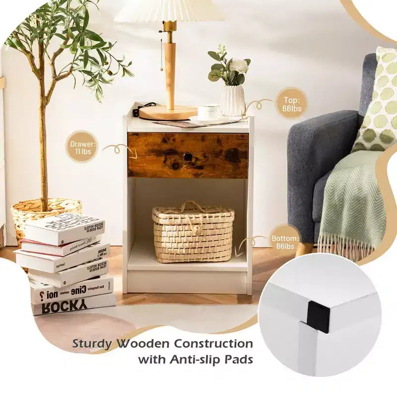 Costway Set of 2 Nightstand with Drawer Cabinet End Side Table Raised Top