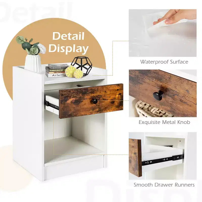 Costway Set of 2 Nightstand with Drawer Cabinet End Side Table Raised Top