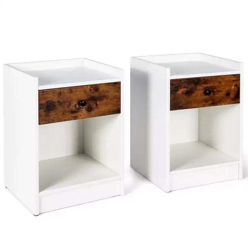 Costway Set of 2 Nightstand with Drawer Cabinet End Side Table Raised Top