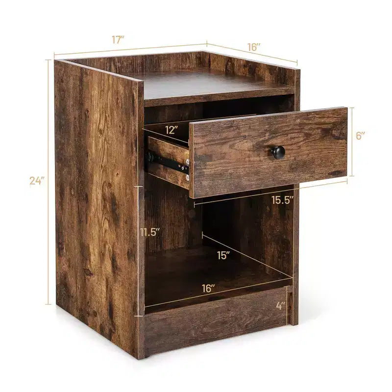 Costway Set of 2 Nightstand with Drawer Cabinet End Side Table Raised Top