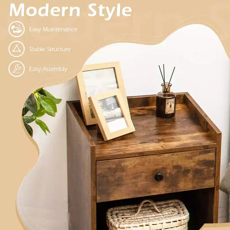 Costway Set of 2 Nightstand with Drawer Cabinet End Side Table Raised Top