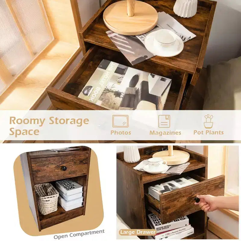 Costway Set of 2 Nightstand with Drawer Cabinet End Side Table Raised Top